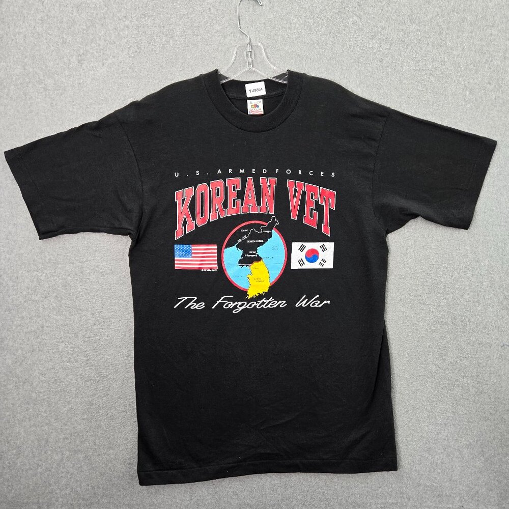 VINTAGE Korean Vet Men Shirt Large Black Single Stitch The Forgotten War 90s USA